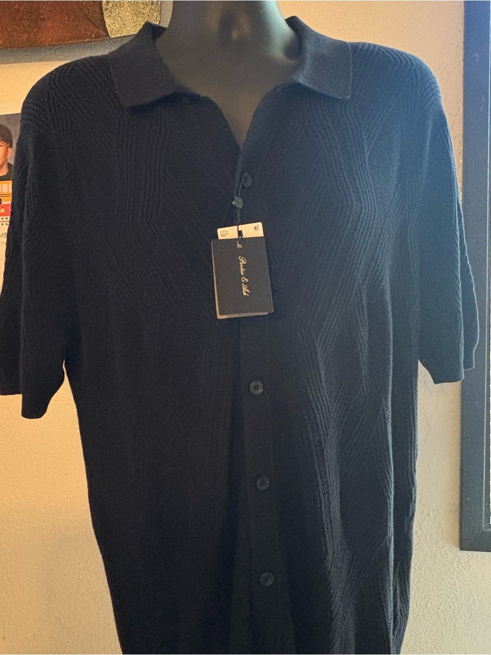 Men's Black Short-Sleeve Knit Polo Button-Up - Unbranded
